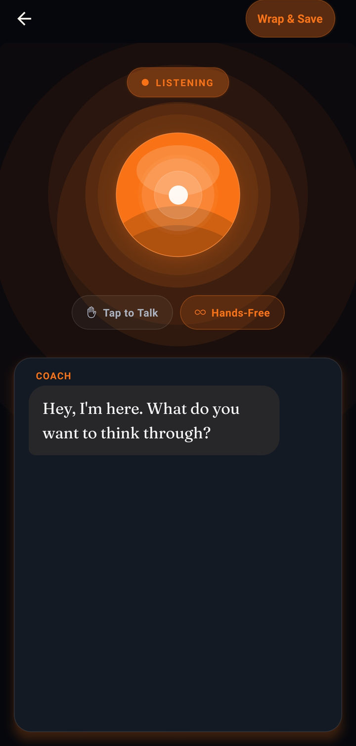 MeCoach voice mode listening: a glowing orb with Tap to Talk and Hands-Free options while the coach asks what you want to think through