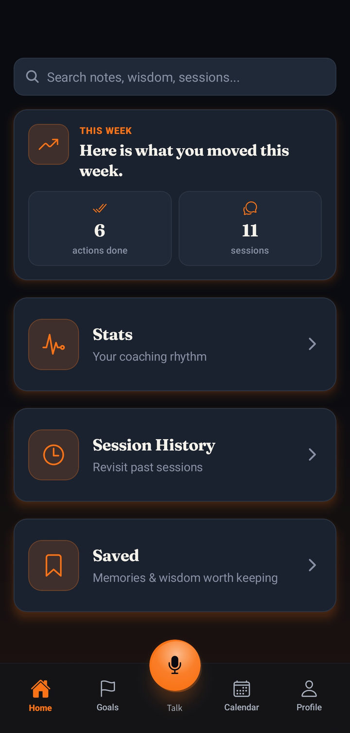MeCoach weekly review: six actions done and eleven sessions this week, with Stats, Session History, and Saved
