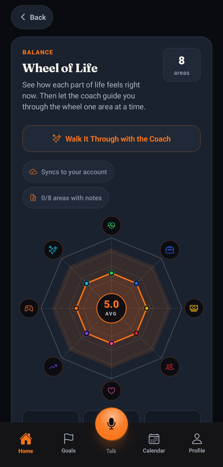 MeCoach Wheel of Life: radar chart scoring eight life areas, with an option to walk it through with the coach